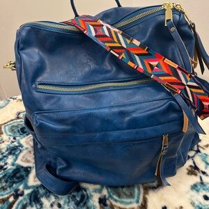 Blue Leather Women's Bag with Patterned Strap